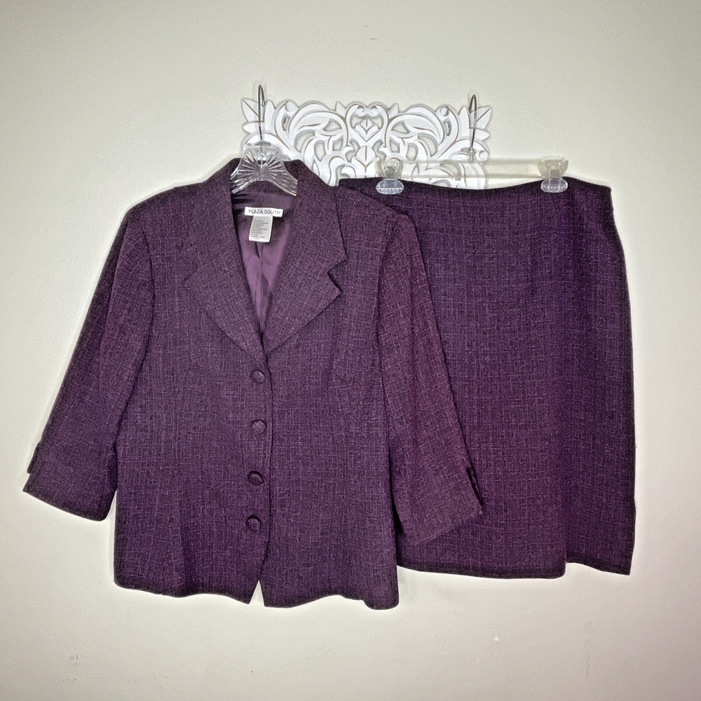 PLAZA SOUTH Women's 14 Jacket Skirt 2-Piece Suit Set 3/4 Sleeve PURPLE BLACK